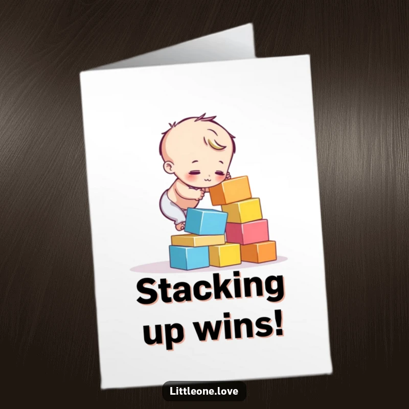 Funny Free Printable Congratulations Card: Child's attempt to stack blocks that are falling, a funny take on trying your best.