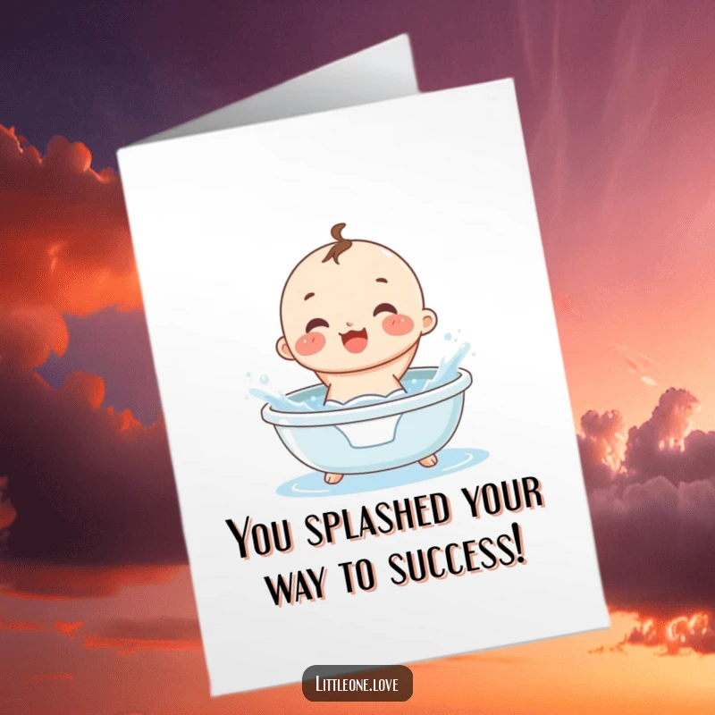 Funny Free Printable Congratulations Card: A round baby gleefully splashes in a tiny tub, celebrating great news with glee.