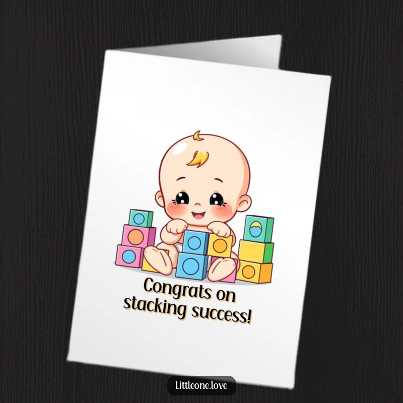 Funny Free Printable Congratulations Card: A playful baby happily arranges building blocks, constructing a message of congrats.