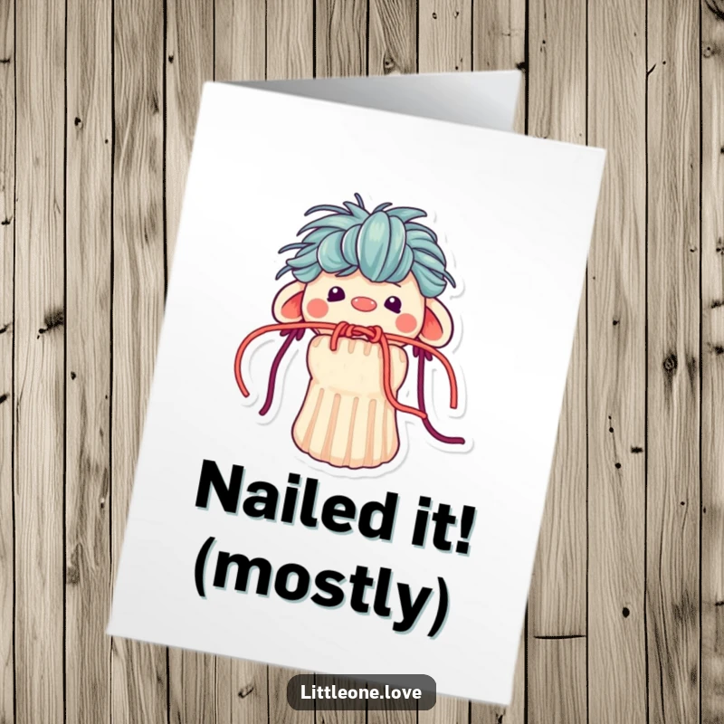 Funny Free Printable Congratulations Card: Tiny sock puppet with yarn hair stuck in mouth, looking surprised by success.