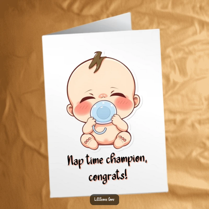 Funny Free Printable Baby Yawn Congratulations Card showing a cute character with a pacifier, yawning with joy over exciting news.