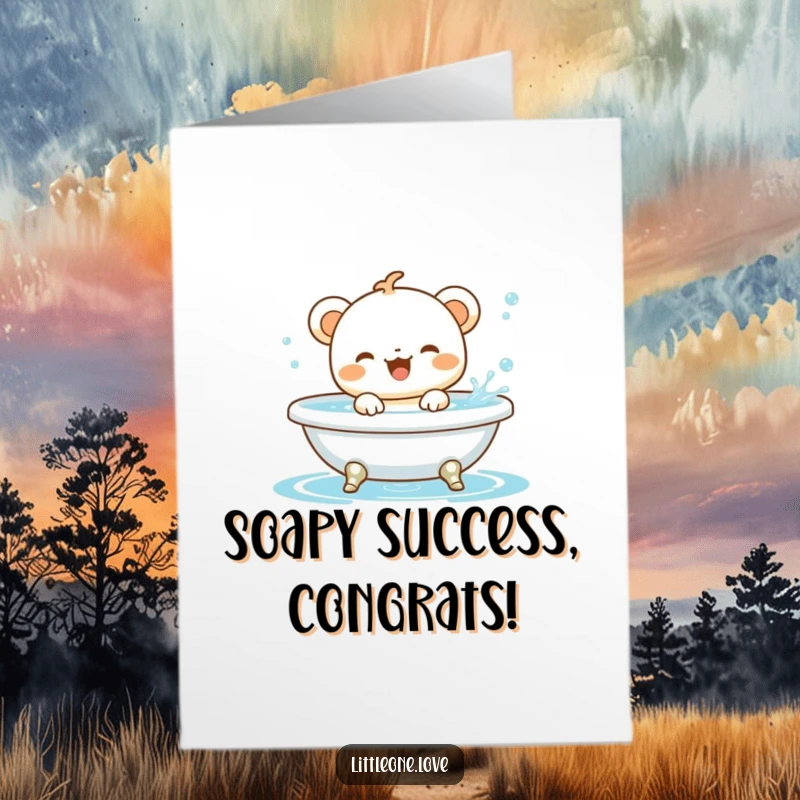 Funny Free Printable Congrats Card: Cute baby animal gleefully splashing in a small tub, celebrating a special success with watery fun.