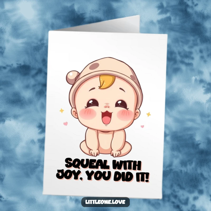 Funny Free Printable Congratulations Card: A baby in a tiny hat surprises with a joyful squeal, celebrating big news.