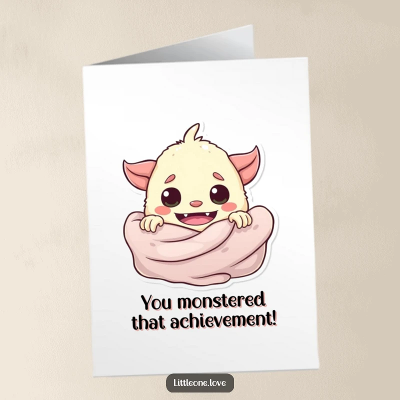 Funny Free Printable Congratulations Card: A playful baby monster peeks from behind a blanket, sharing congratulations.