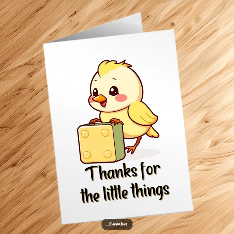 Funny free printable thank you card featuring a cheerful baby bird pecking at a colorful block, expressing thanks.