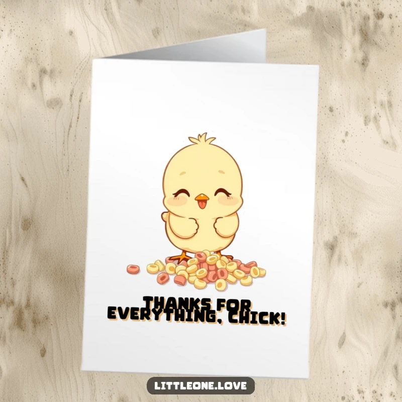 Funny Free Printable Thank You Card: A happy baby chick pecking away at a delightful mess of spilled cereal.