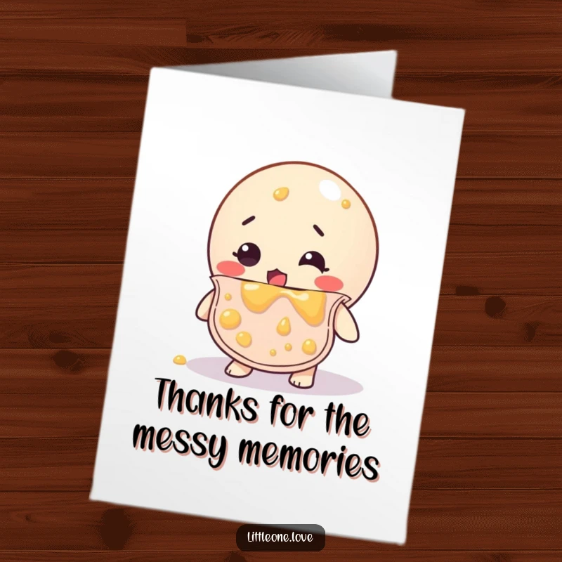 Funny Free Printable Thank You Card: Bewildered rubber ball in bib, smeared with baby food, offering thanks with a messy grin.