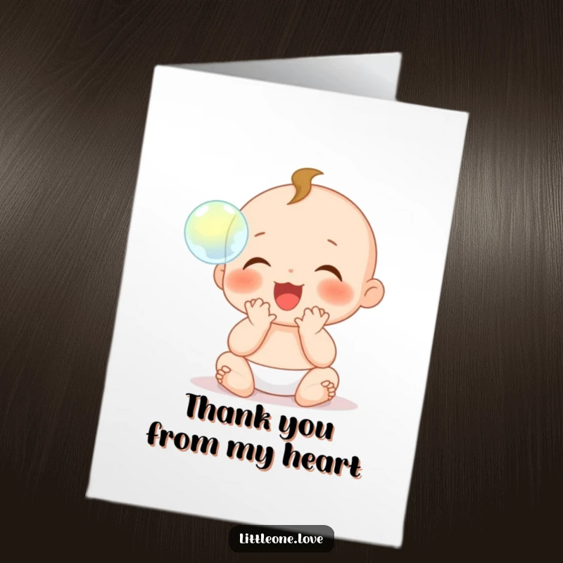 Free Printable Thank You Card of a delighted baby character with tiny hands, gleefully clapping at a floating bubble.