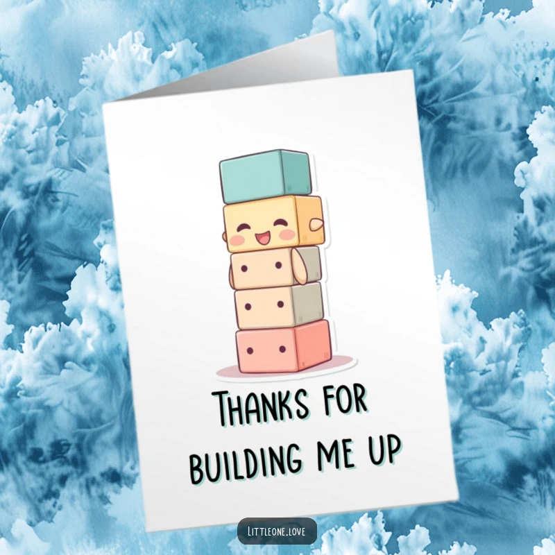Funny free printable thank you card: a baby block character humorously stacking itself to express thanks.