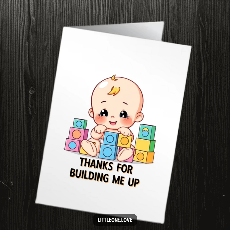 Funny Free Printable Thank You Card: A playful baby builds with blocks, creating a fun and colorful thank you message.