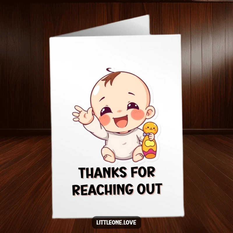 Funny Free Printable Thank You Card: A giggling infant character reaches out a chubby hand for a toy, conveying thanks.
