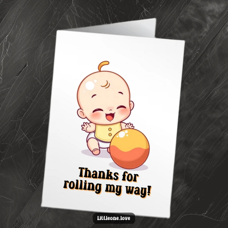 Funny Free Printable Thank You Card: A baby wearing a bib giggles while attempting to catch a rolling ball.