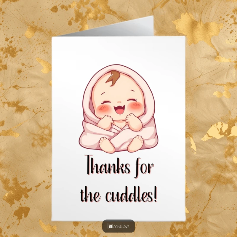 Funny Free Printable Thank You Card: Chubby baby gurgling with delight, covered in soft blankets, perfect for sweet thank you notes.