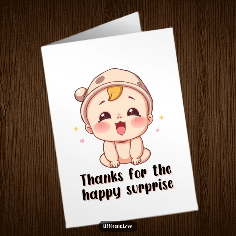 Funny Free Printable Thank You Card: A baby wearing a hat lets out a happy, surprised squeal, showing thanks.