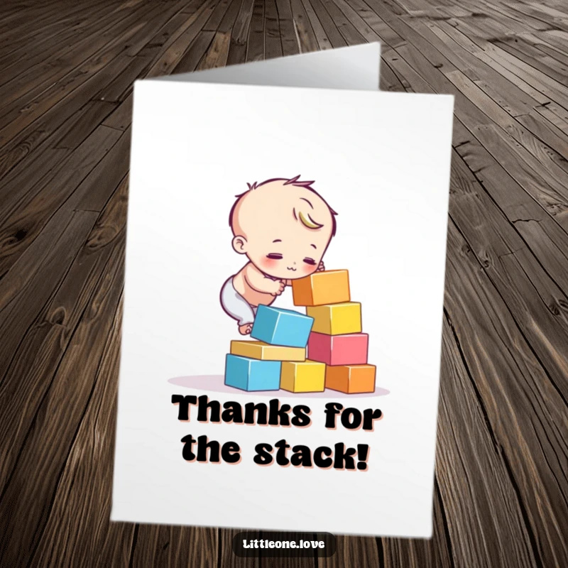 Funny Free Printable Thank You Card: Small child attempting to stack blocks that are tumbling down, a humorous thank you.
