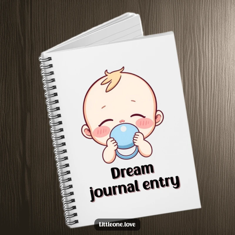 Funny sleepy baby with rosy cheeks holding a pacifier, on the cover of a spiral-bound notebook.
