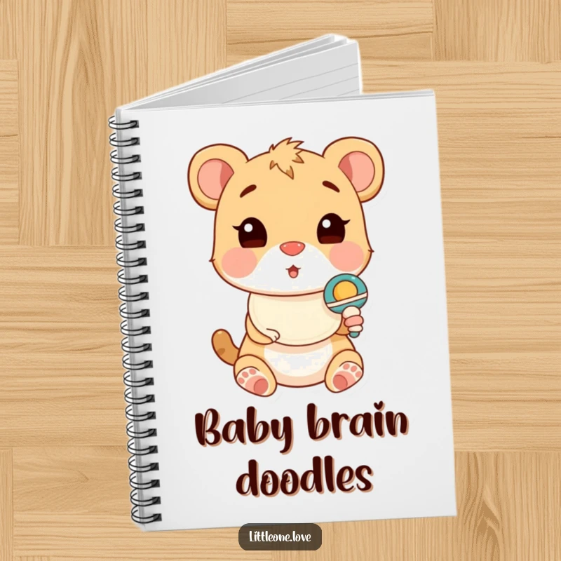 Funny Notebook with a cute baby animal in a bib, looking surprised by a rattle, perfect for journaling baby's milestones.