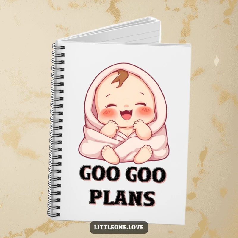 Funny notebook with a cover of a chubby baby character gurgling happily, wrapped in soft blankets. For baby notes.