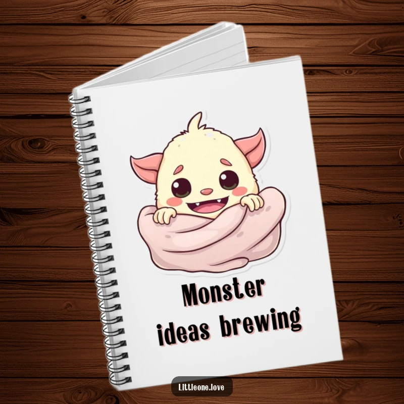 Funny playful baby monster peeking from behind a soft blanket, on the cover of a notebook.