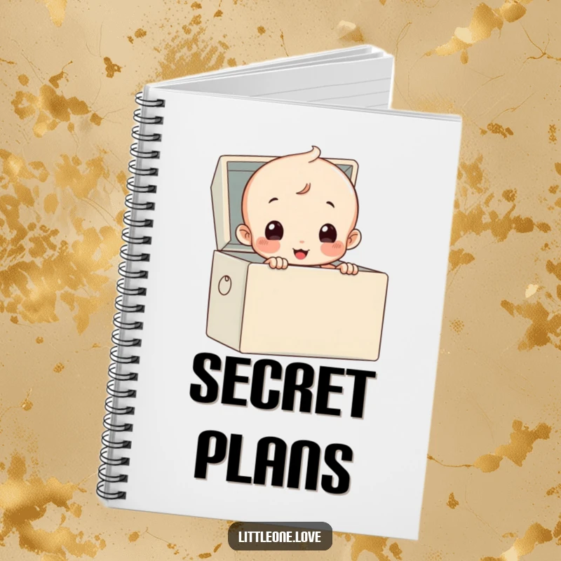 Funny notebook with a diapered baby peeking from a toy box, perfect for journaling humor.