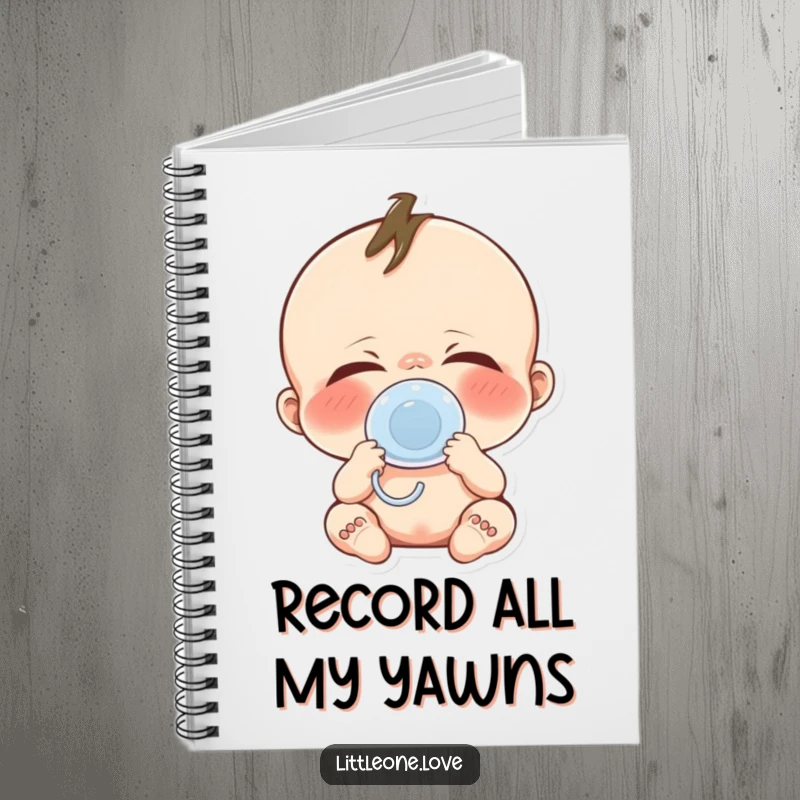 Funny baby yawn notebook with a cute character yawning widely and a pacifier, ideal for jotting down notes humorously.