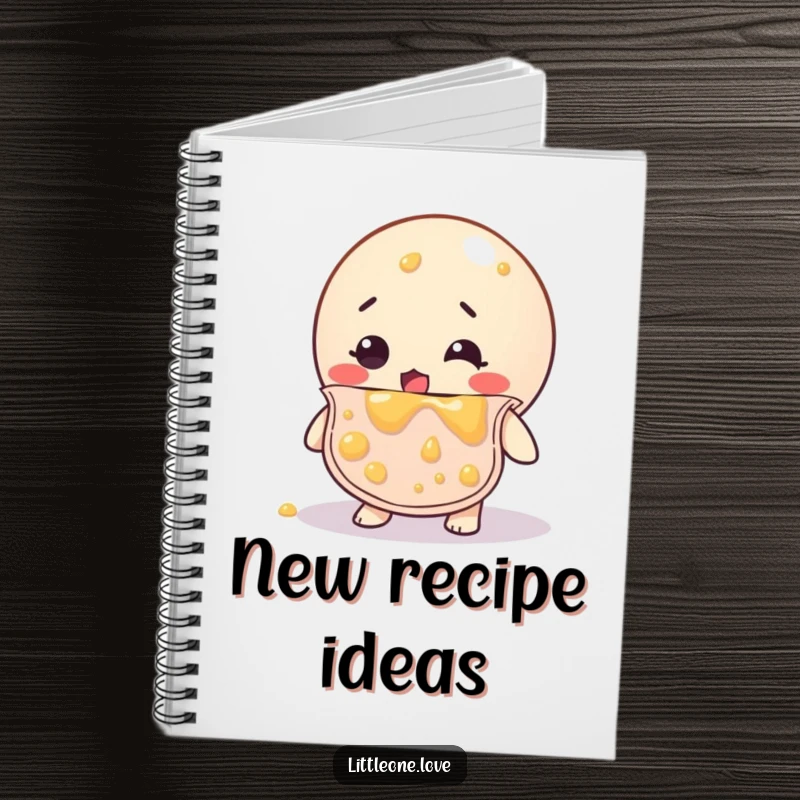 Funny notebook cover with a bewildered rubber ball in a bib, completely smeared with baby food, ideal for notes and doodles.