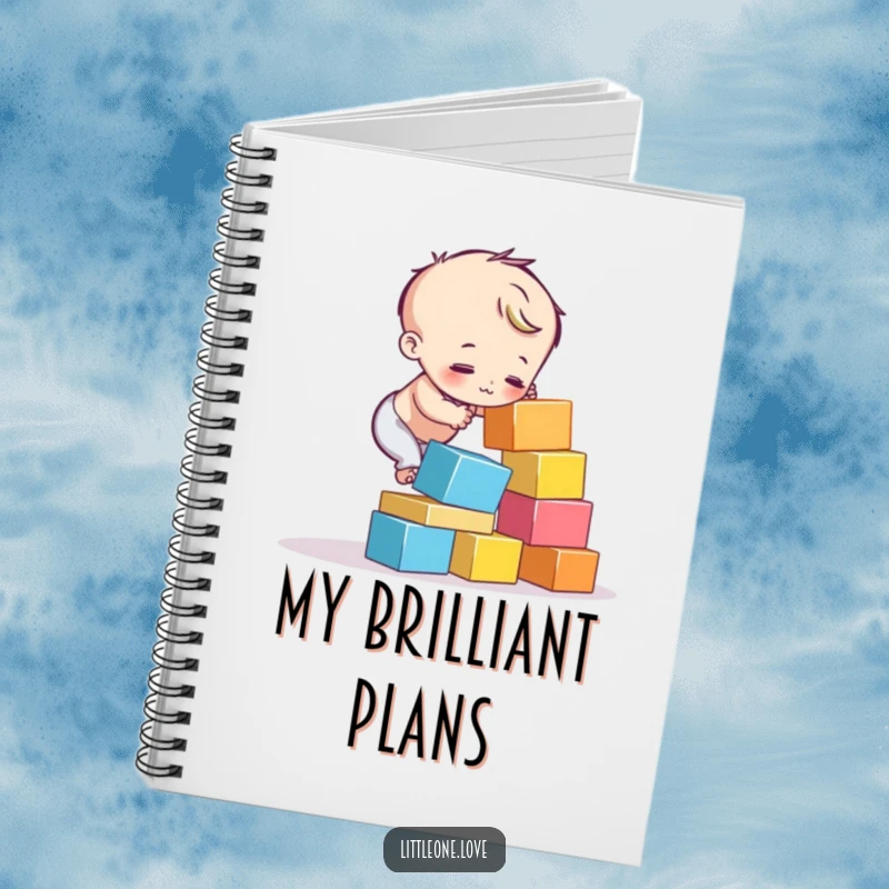 Funny notebook with a cover of a child character's colorful blocks tumbling down. For documenting efforts.