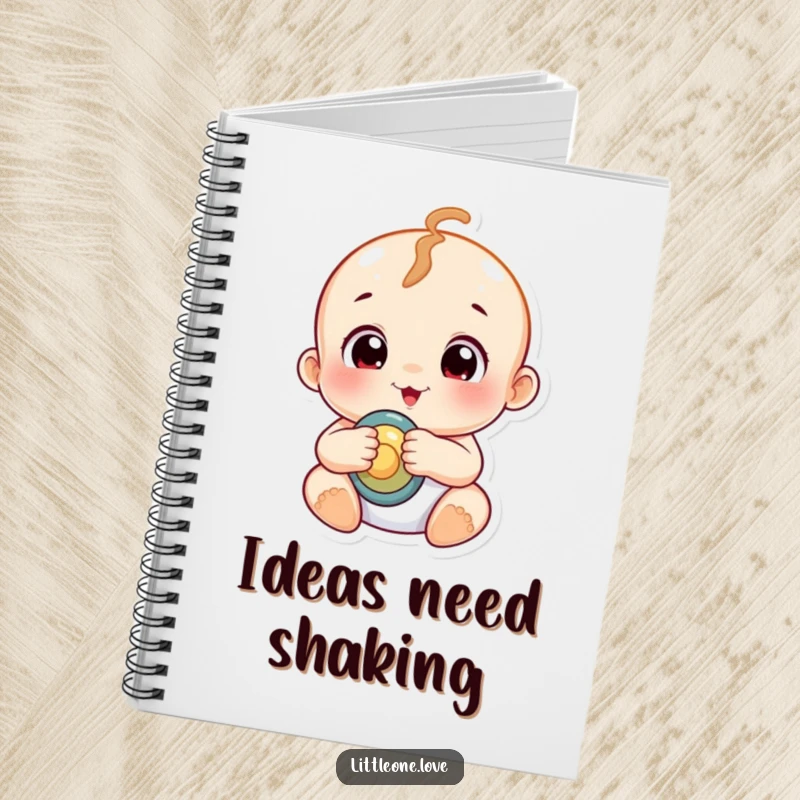 Funny chubby baby with wide, curious eyes holding a rattle, on the cover of a spiral-bound notebook.