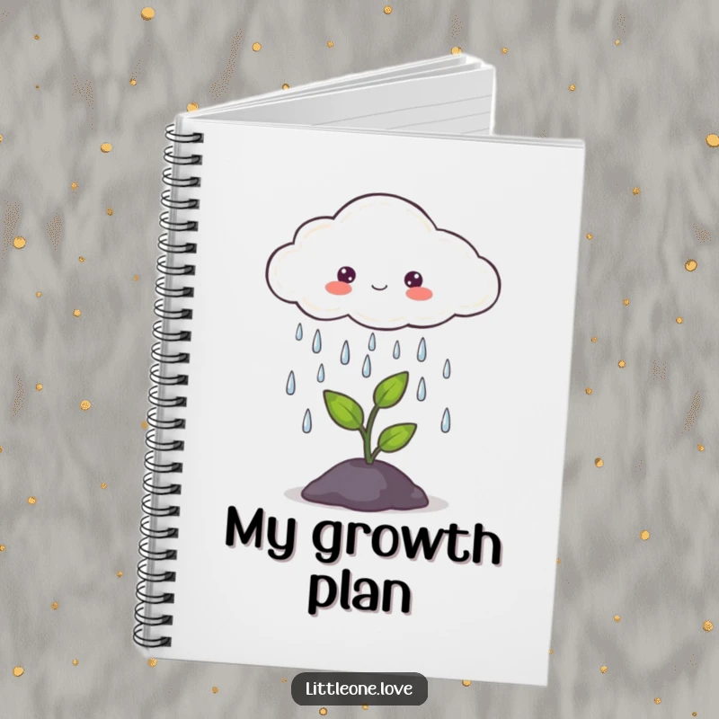Funny notebook cover with a cute cloud gently raining on a tiny sprout, ideal for notes and journaling about growth.