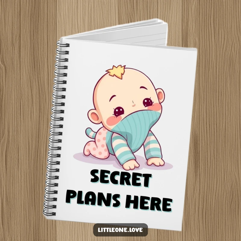 Funny notebook featuring a mischievous baby sock puppet attempting to crawl away, ideal for capturing thoughts with a side of playful humor and escape.