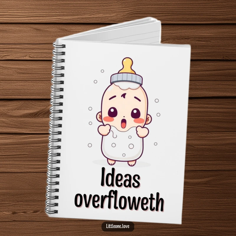 Funny notebook with a surprised baby bottle character bubbling over, perfect for jotting down notes with humor. Gift idea.