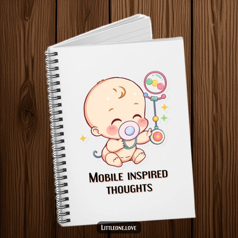 Funny Notebook: A baby character with a pacifier giggles while reaching for a colorful mobile, ideal for jotting notes.