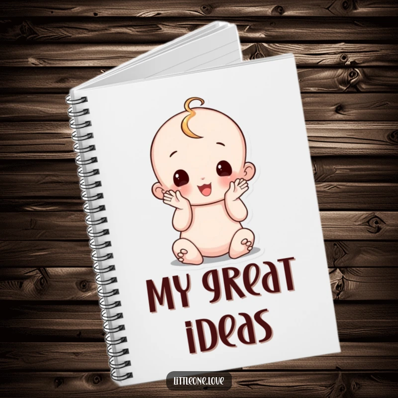 Funny wobbly baby notebook, sitting up and clapping hands, celebrating milestones, cheerful and comical design for writing.