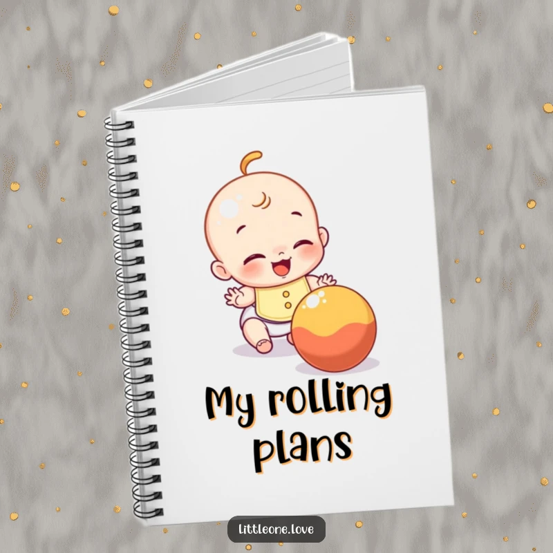 Funny notebook cover featuring a giggling baby with a bib, enthusiastically trying to catch a rolling ball, ideal for journaling.