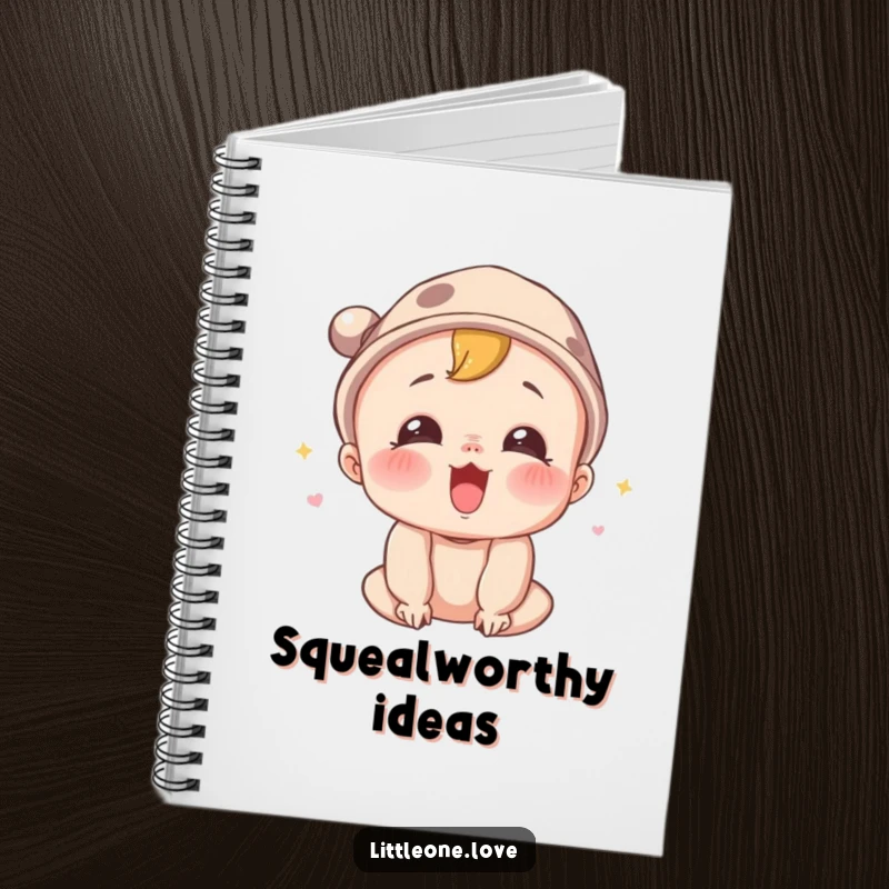 Funny notebook featuring a surprised baby character wearing a tiny hat, letting out a joyful squeal, ideal for journaling and notes.