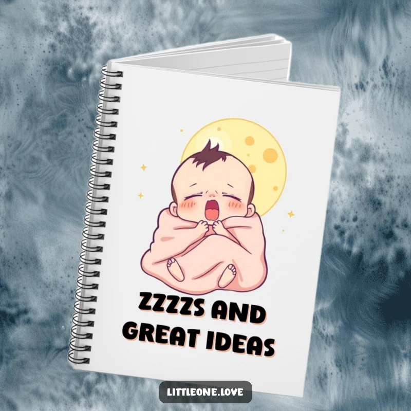 Funny notebook with a sleepy baby character yawning under the moon, wrapped in a blanket, ideal for journaling and jotting down thoughts.