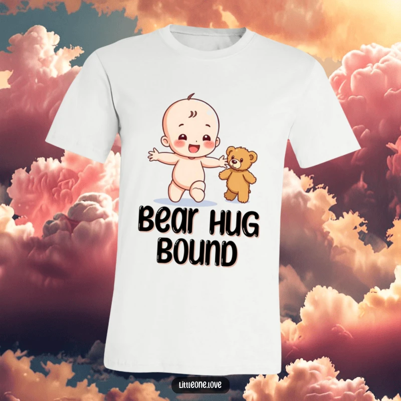 Funny t-shirt displaying a happy baby character toddling with open arms towards a fuzzy teddy bear, capturing playful excitement.