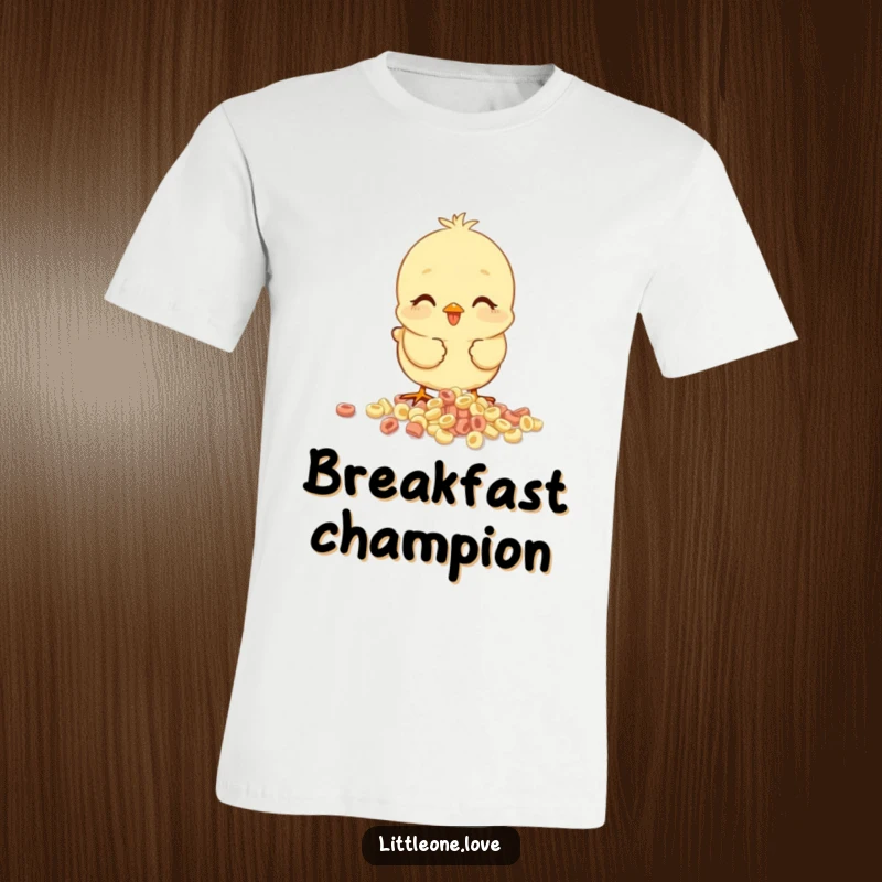 Funny baby chick t-shirt, happy chick pecking at spilled cereal, cheerful and comical breakfast-themed design.