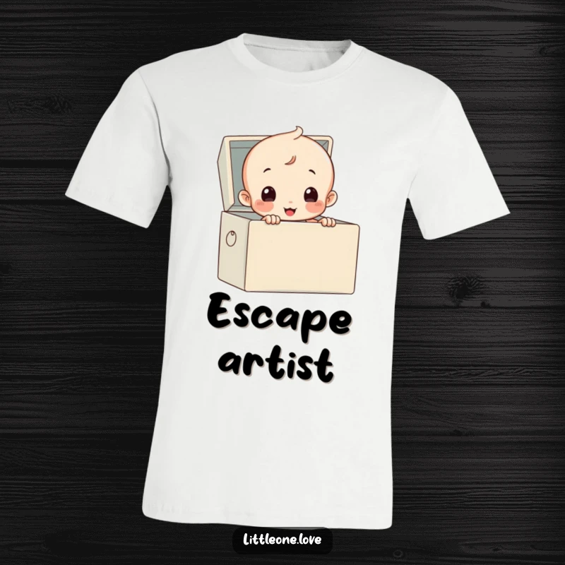 Funny t-shirt with a diapered baby peeking adorably from a toy box, ideal for humor lovers.