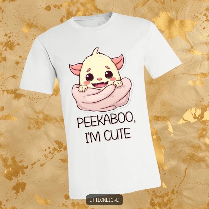 Funny playful baby monster peeking from behind a soft blanket, printed on a comfortable t-shirt.