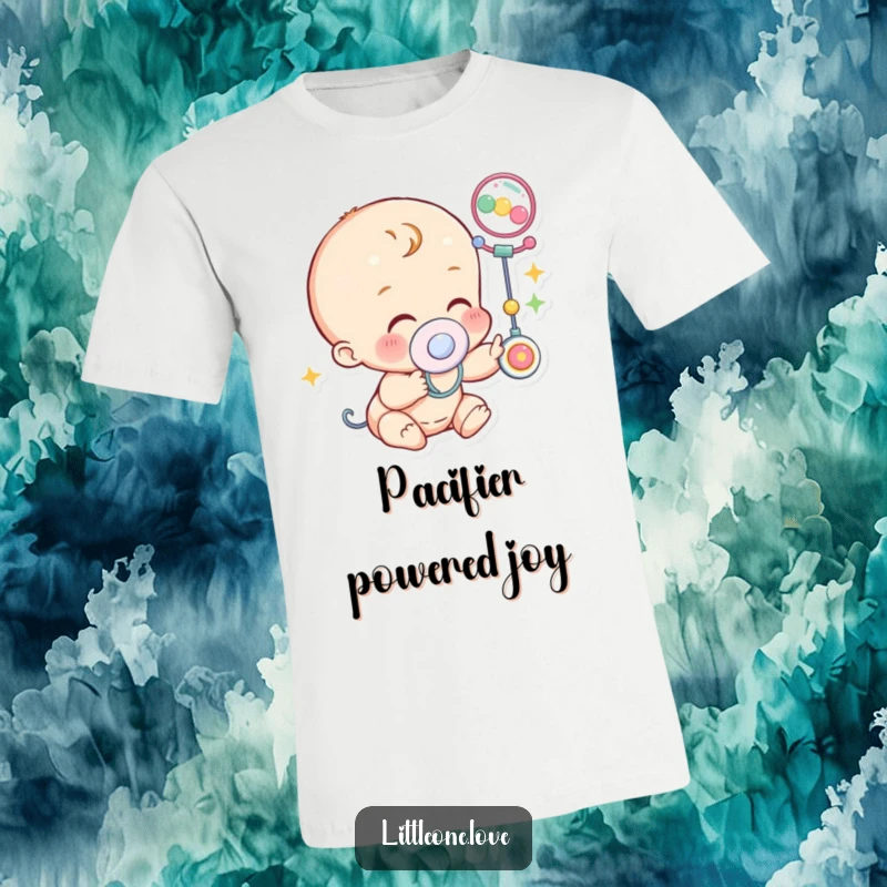 Funny T-Shirt: A baby character with a pacifier in its mouth giggles while reaching for a bright, engaging mobile.