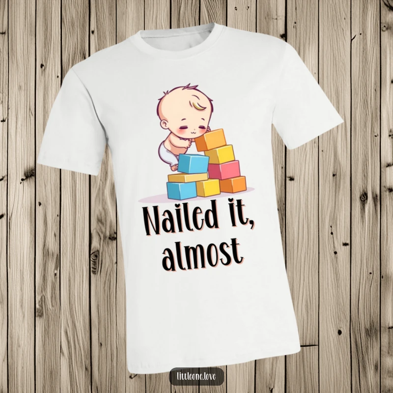 Funny t-shirt depicting a small child character's colorful block tower tumbling down. Humorous struggle and effort.