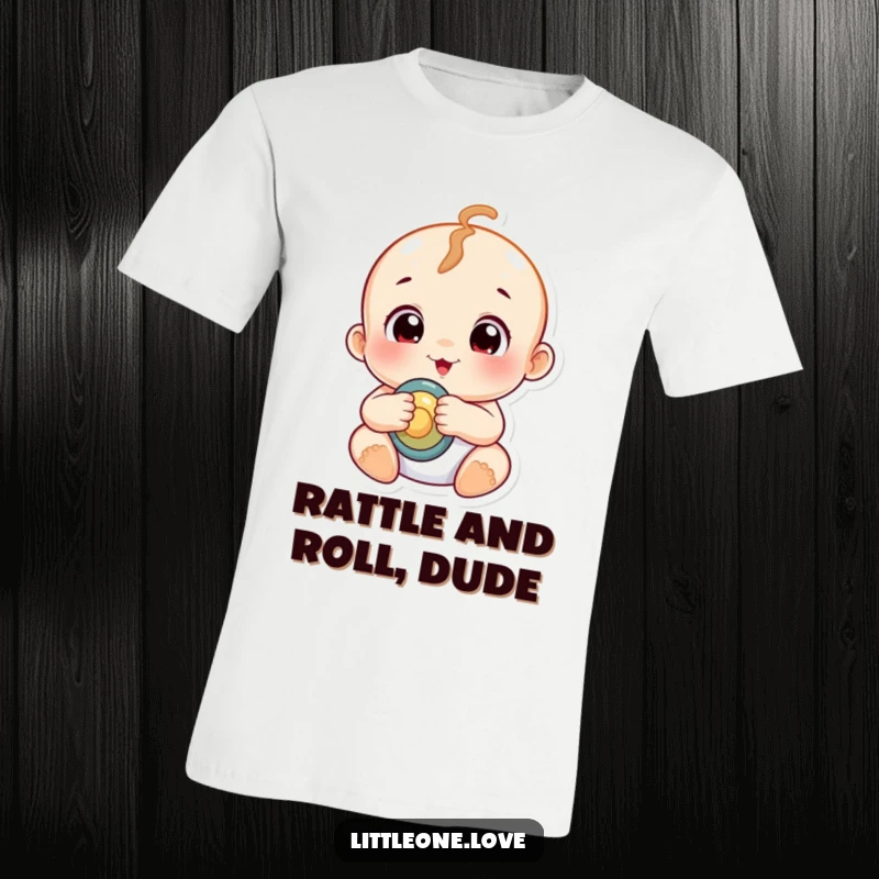 Funny chubby baby character with big, curious eyes holding a rattle, printed on a soft, comfortable t-shirt.