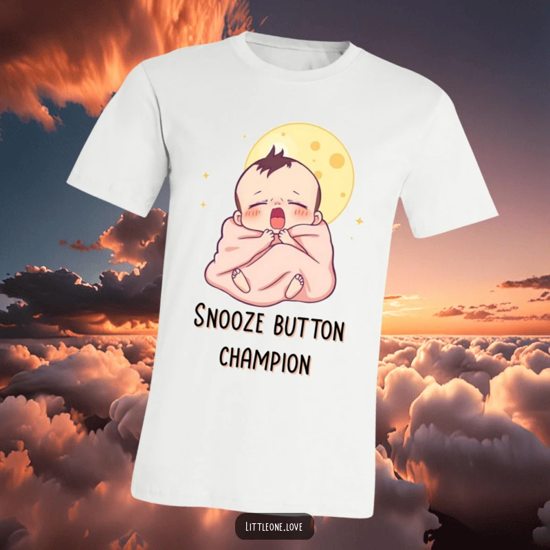 Funny t-shirt with a sleepy baby character yawning under a moon, wrapped in a blanket, perfect for comfort and humor.