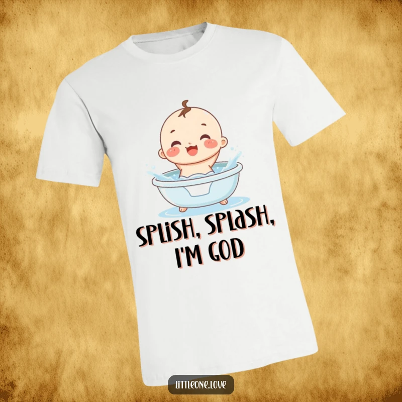 Funny small, round baby character in a diaper, gleefully splashing water in a tiny tub, printed on a t-shirt.