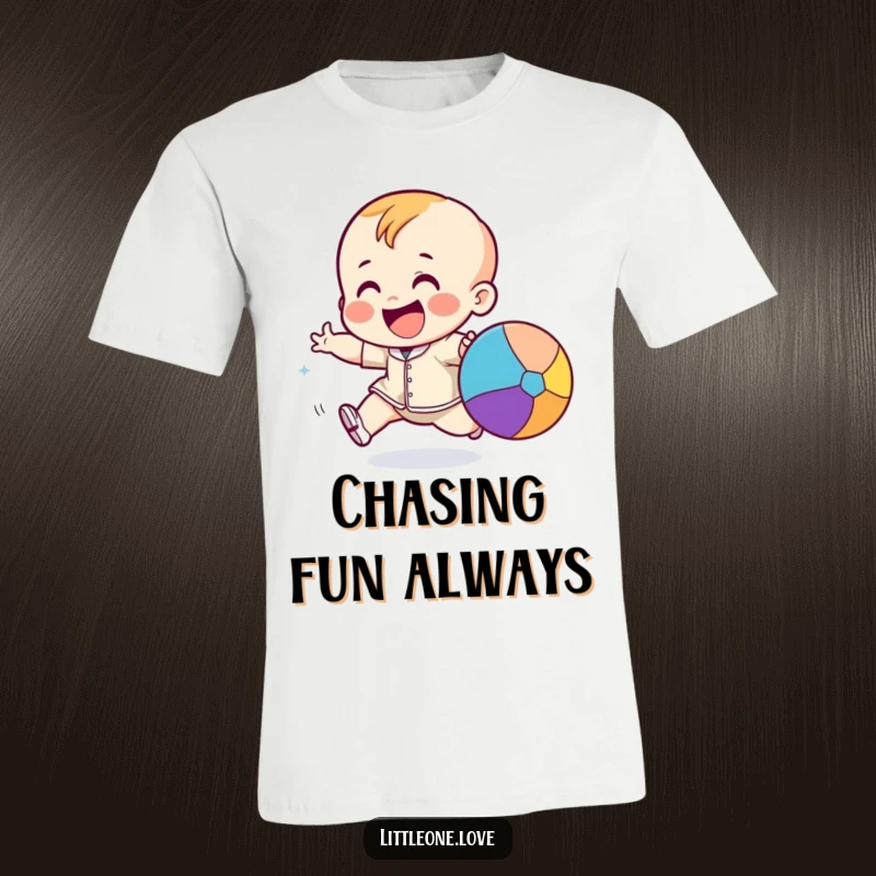 Funny giggling toddler character excitedly chasing a bouncing colorful ball, printed on a comfortable and lively t-shirt.