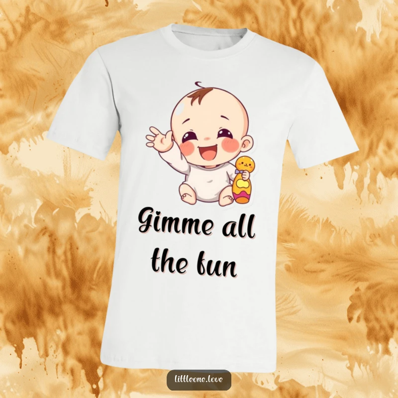 Funny giggling infant character reaching out a chubby hand towards a toy, printed on a soft t-shirt.