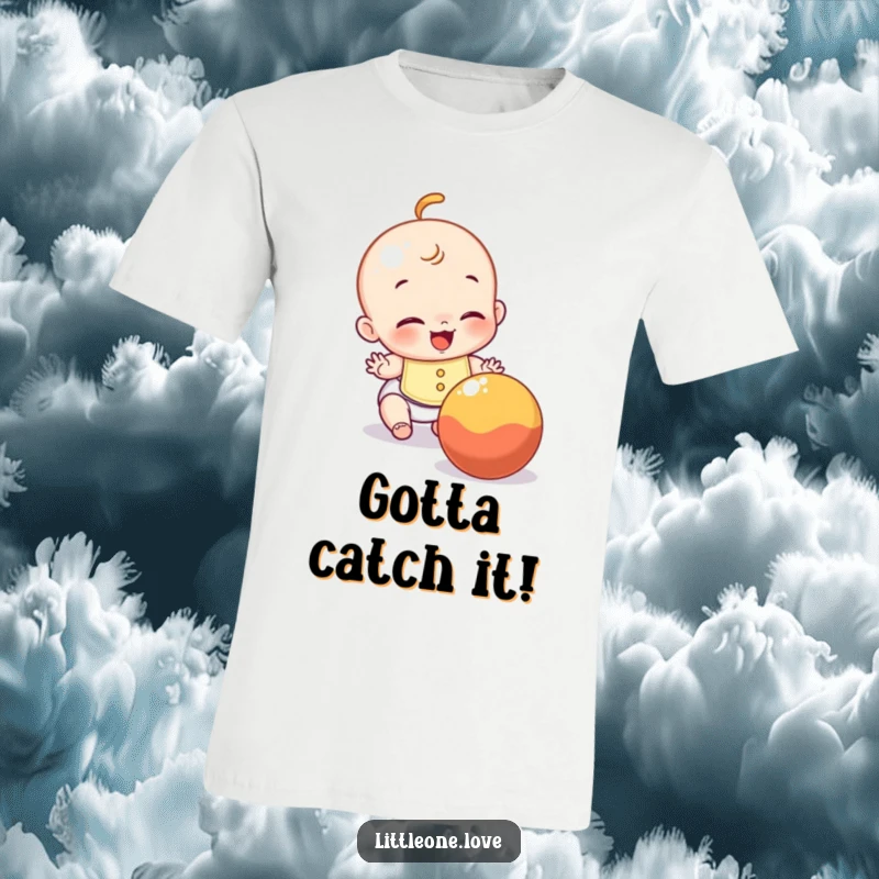 Funny t-shirt depicting a giggling baby in a bib, determinedly reaching for a rolling ball.