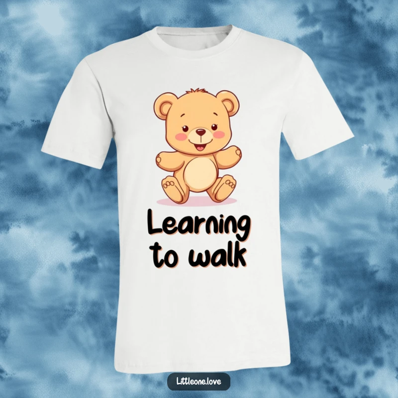 Funny t-shirt featuring a happy teddy bear character learning to take wobbly steps, embodying cute determination and the charm of new beginnings, great gift.