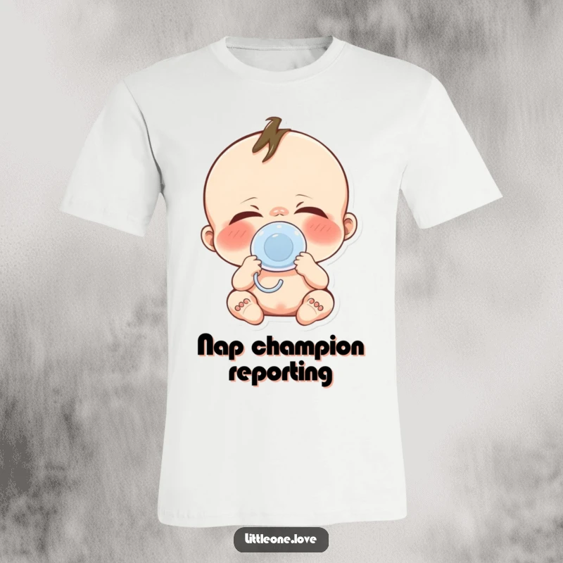 Funny baby yawn t-shirt with a cute character mid-yawn, pacifier in mouth, conveying extreme tiredness and humor.